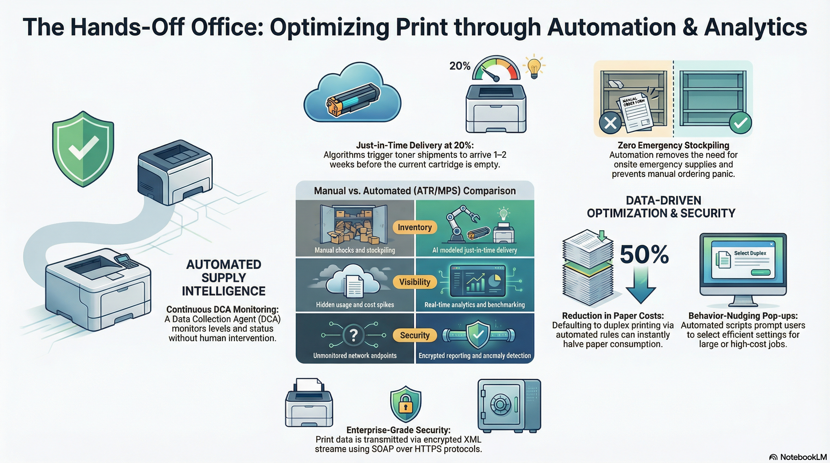 The Hands-Off Office: Optimizing Print through Automation & Analytics - Infographic showing automated supply intelligence, data-driven optimization, and security features